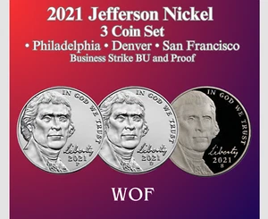 2021 P D S JEFFERSON NICKEL 3 COIN SET NEW MINT BU + PROOF - Picture 1 of 4