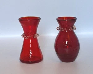 2 Vtg Miniature Art Glass Vases Crackle Tangerine Ruby Amberina Blenko Pilgrim - Picture 1 of 12