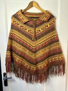 Peruvian Woollen Knitted Collared Poncho Festival Aztec Handmade