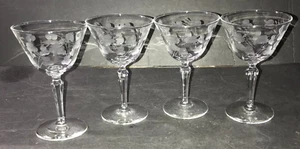 Set Lot of 4 ETCHED 6" Martini Glasses Libbey? Floral Design - Picture 1 of 2
