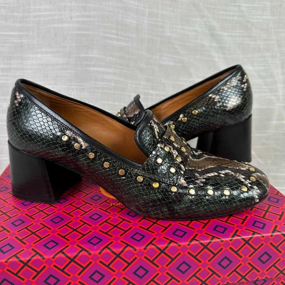 TORY BURCH Studded Snakeskin Embossed Block Heeled Loafers Sz 8.5 Made In Italy - Image 1 of 4