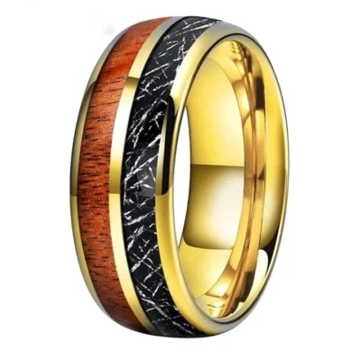 Anillo de carburo de tungsteno con incrustaciones de meteorito e madera negro/brillante de 8 mm ajuste cómodo Foto 1 de 4
