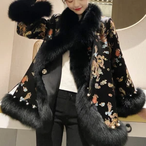 Damen gepolsterter Mantel Jacke Kunstfell Kragen Perlen bestickt Thermo ethnisch Retro - Bild 1 von 14