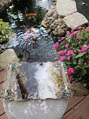 HANDMADE Large Decorative Resin tray Black and Gold with Glass accents Elegant - Image 1 of 4