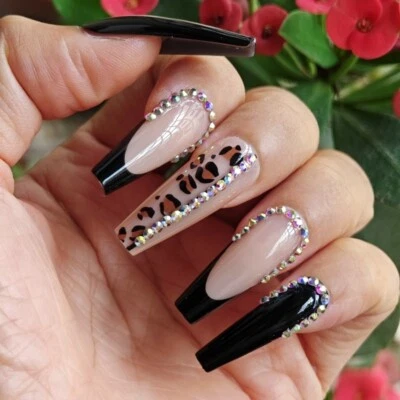 24pcs Black French Press On Nails Long Coffin Jeweled Leopard False Nail Set - Image 1 of 4