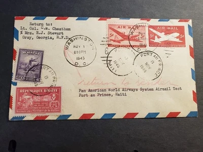 PAN AM VUELO DE PRUEBA 1946 CORREO AÉREO DOBLE cubierta postal PUERTO PRÍNCIPE, HAITI Foto 1 de 2