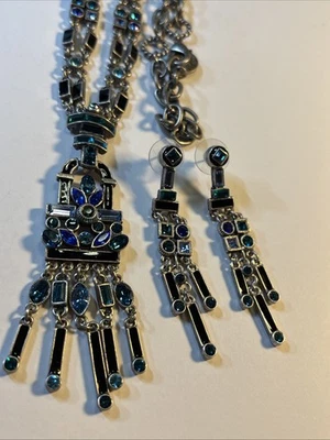 EUC Sweet Romance Art Deco Crystal & Enamel Fringe Flapper Necklace & Earrings - Image 1 of 4