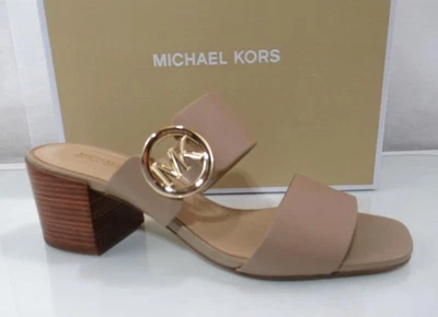 Michael Kors Summer Mid Heeled Sandals Mule MK Logo Leather Camel Nude Size 7.5 - Image 1 of 4
