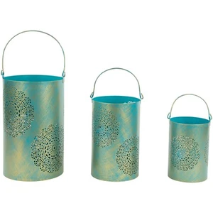 Northlight 3 Turquoise and Gold Floral Cut-Out Pillar Candle Lanterns 10" - Picture 1 of 7