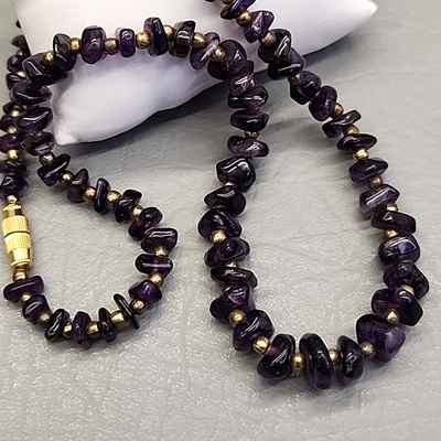 Collar de cuentas de amatista graduado tono dorado detalles piedras pulidas 18" Foto 1 de 4