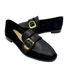 NEW Vince Camuto Cenkanda 8.5 Black Leather & Suede Gold Buckle Loafer Flat - Picture 1 of 11