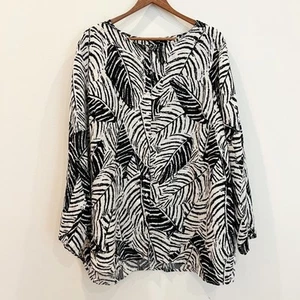 Cynthia Rowley Top Womens XXL Black White Linen Tropical Lagenlook Tunic Relaxed - Picture 1 of 12