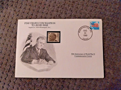USA FIRST DAY COVER 1989 50th ANNIV OF WWII FDR URGES CONCILIATION TO AVOID WAR - Image 1 of 2