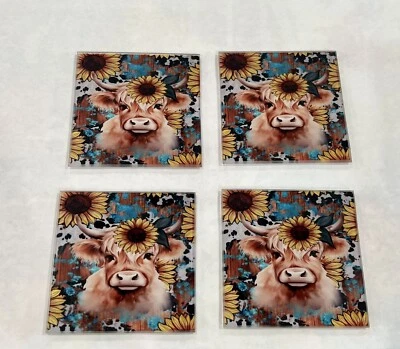 Juego de cuatro montañas rusas cuadradas de vidrio templado girasol Farmhouse Highland Cow Foto 1 de 4