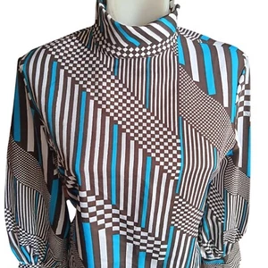 Medium Vintage 1970s Geo Print High-Neck Blouse Lady Manhattan 1970's Mod Chic - Picture 1 of 7