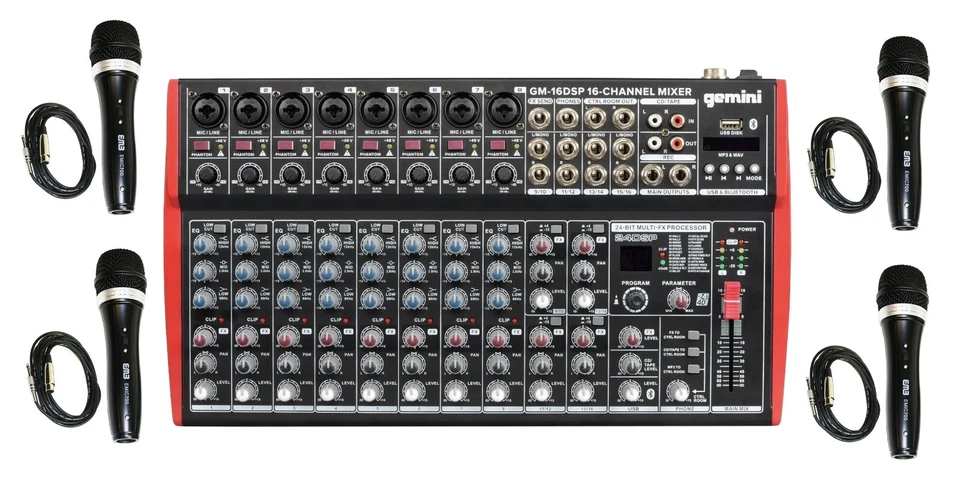 Mezclador compacto de 12 canales Gemini GM-16DSP con Bluetooth + 4x micrófono EMB EMIC700 Foto 1 de 4