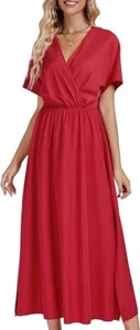 Rooscier Women's Wrap V Neck Red Short Sleeve Side Split Maxi Dress XL 14-16 - Picture 1 of 4