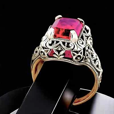 ART DECO STYLE LAB-CREATED 5 CT. RUBY 925 STERLING SILVER FILIGREE RING     #015 - Image 1 of 3