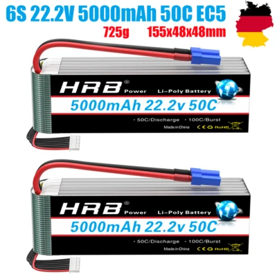 2pcs HRB 6S 22,2V Lipo Akku 5000mAh EC5 für RC Auto Truck Flugzeug Hobby Boot - Bild 1 von 4