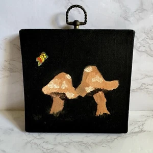 Vintage 1970 handgemalt Pilz & Schmetterling Leinwandbild MCM Original Kunstwerk - Bild 1 von 8
