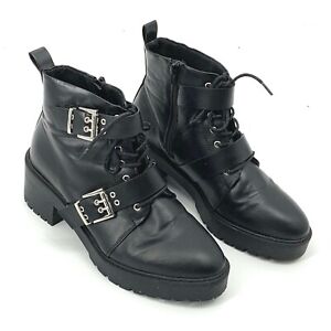 ASOS Womens Patent Leather Black Ankle Boots Chunky Punk Buckles Size 7W