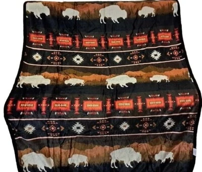 New Black Rustic Bison Buffalo Sherpa Plush Throw Gift Blanket Native American - Image 1 of 4