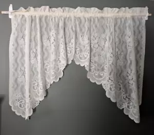 Vintage Sears Ivory White Lace Swag Valance Curtain Set Pair 1 Window 35" x 37" - Picture 1 of 11