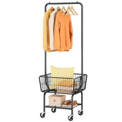 Laundry Cart with Hanging Rack Metal Basket Wheels Hamper Storage and Shelf - Image 1 of 4