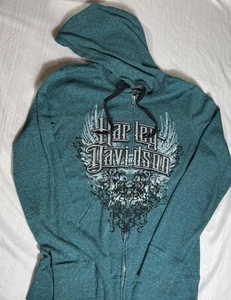 Harley Davidson Light Jacket Hoodie Womens Teal Diamond Stud Large - Picture 1 of 9