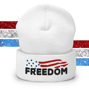 Beanie Knit Cuff Hat "Freedom" USA Flag Embroidered Patriotic Cap - Picture 1 of 48