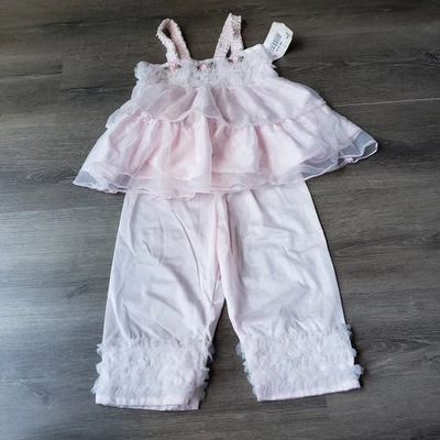 NEW Laura Dare Pink Ruffle 2 Piece Pajama PJ Set Girls Sz 4 Pants Top USA FLAWS - Image 1 of 4