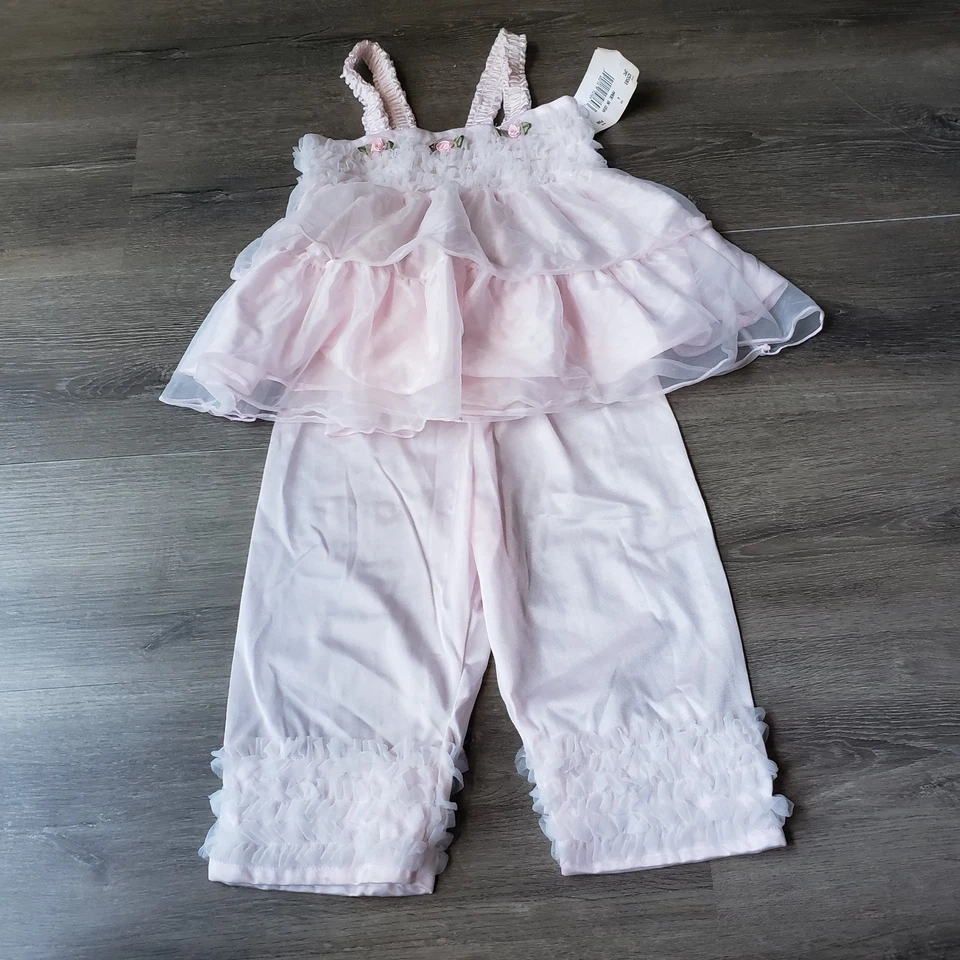 NEW Laura Dare Pink Ruffle 2 Piece Pajama PJ Set Girls Sz 4 Pants Top USA FLAWS - Image 1 of 4