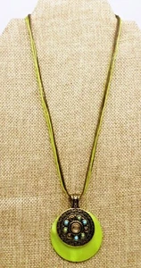 A3) Lia Sophia Green MOP Pendant Brass & Crystal on Green & Brown Cord - Picture 1 of 10