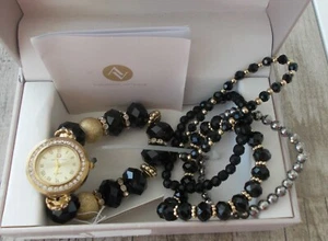 NEW IN BOX ADRIENNE VITTADINI WATCH & 4 BRACELET SET BLACK CRYSTAL GOLD TRIM - Picture 1 of 5