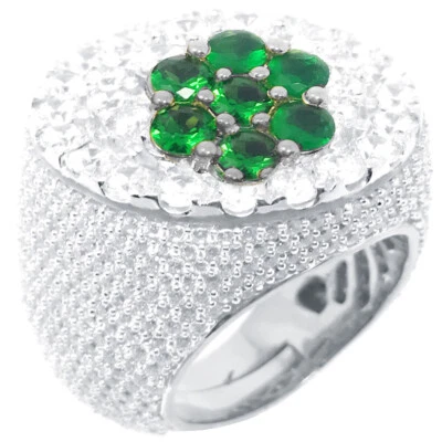 Big XXXL Real Sterling Silver White Gold Tone Men's Green & White CZ'S Ring Band - Image 1 of 4