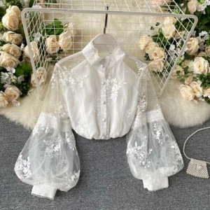 Ladies Long Puff Sleeve Mesh Lace Shirt Button Down Blouse Top Embroidered Chic - Picture 1 of 11