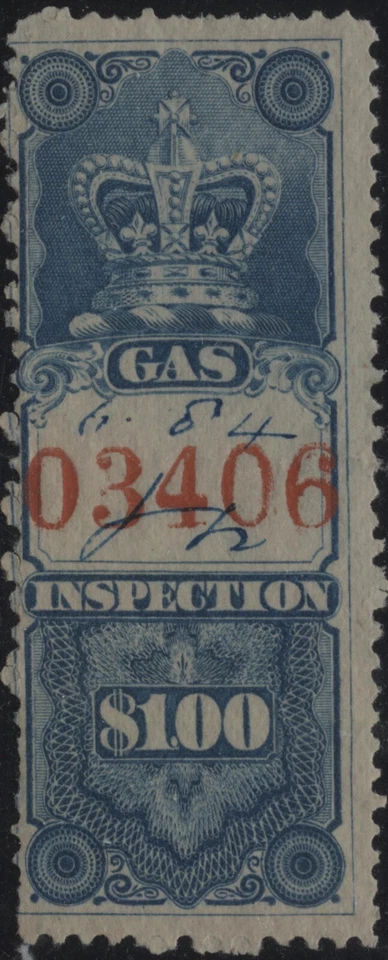 Canada 1875 VanDam #FG3 $1.00 blue Can. Gas Insp. (red 4.5mm control #) used - Image 1 of 1