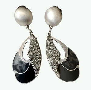 Vtg Edgar Berebi Clip-on Dangle Earrings Black Enamel Silver Tone w/ Rhinestones - Bild 1 von 13
