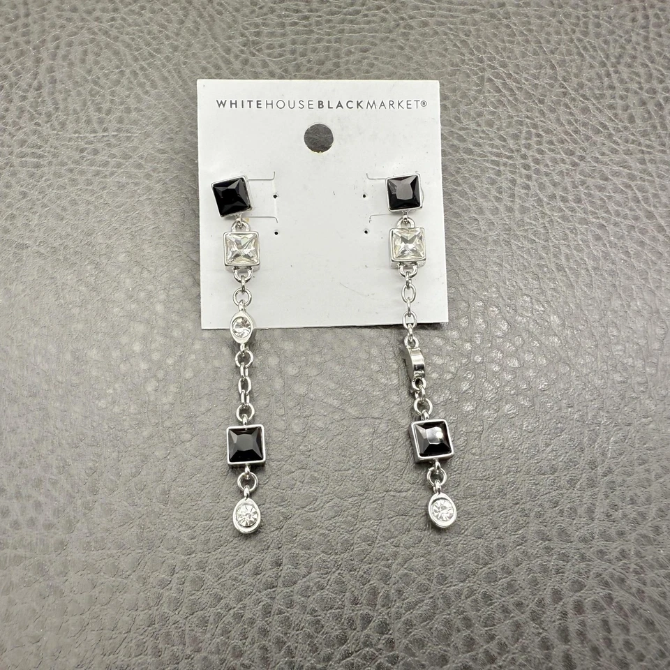 White House Black Market Earrings Dangle Silver Black Clear Crystal Pierced 3" - Image 1 of 4