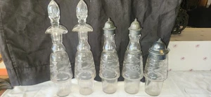 Set Of 5 Condiment Cruet Victorian Era Etched Glass Bottle with Metal Lids - Picture 1 of 24