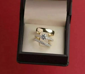 2.10 Ct Round Cut Simulated Diamond Solid Trio Set Ring 14k Yellow Gold Plated - Picture 1 of 10