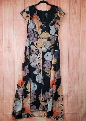 Adrianna Papell Overlay Jumpsuit Womens 10 Black Floral Chiffon V-Neck Back Zip - Image 1 of 4