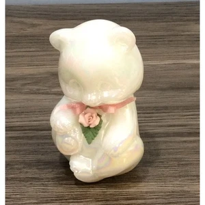 Fenton Pearly Sentiments Opaline Glass Bear Figurine w Pink Porcelain Rose VTG - Picture 1 of 7