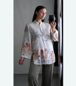 Camisa de Lino CITRON SANTA MONICA Dragón Asiático Peonía Flores GRANDE Hecha en EE. UU. - Imagen 1 de 12