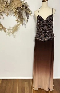 Vintage Y2K Diane Freis Silk Chiffon Gown Hand Beaded Ombré Brown Evening Sz 12 - Bild 1 von 19