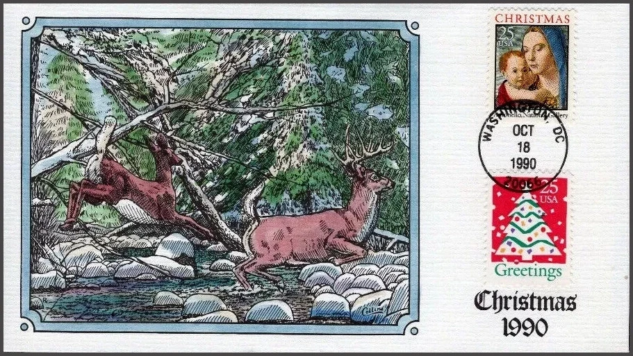 1990 COLLINS HANDPAINTED CHRISTMAS DUAL FDC LEAPING DEER CACHET - Image 1 of 1