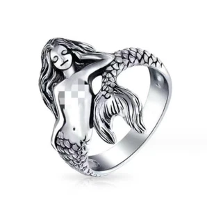 Antique Style Unisex Punk Silver Mermaid Girl Fish Adjustable Band Ring - Picture 1 of 2