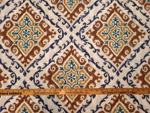 Covington FEABHRA SADDLE Blue Gold Brown Diamond Designer Drapery Uph Fabric - Picture 1 of 4