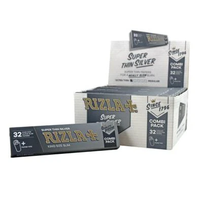 RIZLA SILVER COMBI CONNOISSEUR King Size Slim Smoking Rolling Paper & Roach Tips - Image 1 of 3