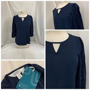 Market Spruce Blouse Top XS Blue 3/4 Sleeve Crew Neck 100% Poly NWT YGI P2-19 - Picture 1 of 11